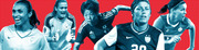 Stylized editorial illustration of five women's soccer players in blue duotone against a red dotted background.