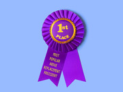 Purple first-place ribbon award with gold text reading 1st Place and a ribbon labeled Most Popular Above Replacement President on a light blue background.