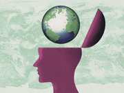 Editorial illustration of a purple human head silhouette with the top open and a globe of Earth floating above it, suggesting global thinking or world knowledge.