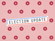 Decorative editorial illustration with the text Election Update on a pink background covered in red circles with percent signs.