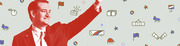 Editorial illustration of a red-tinted politician waving, surrounded by small political icons including flags, a White House, donkeys, a campaign bus, and dollar signs on a light green background.