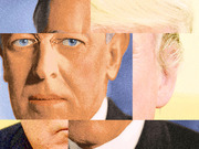 Collage-style editorial illustration combining fragmented facial features of two political figures against blue and yellow backgrounds.