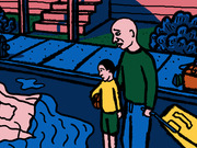 Editorial cartoon illustration of a bald adult and a child holding a basketball standing on a flooded urban street with buildings in the background.