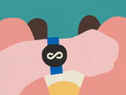 Colorful editorial illustration of a close-up wrist wearing a smartwatch with an infinity symbol on its face, surrounded by abstract pink shapes.