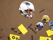 Editorial collage showing NFL quarterback helmets with cut-out faces arranged on brown paper with yellow sticky notes and partial percentage numbers.