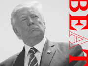 Black and white editorial photo of Donald Trump with large red vertical text reading BEAT on the right side.
