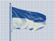 A blue-tinted editorial illustration of a two-color flag on a pole waving against a grid-patterned background.