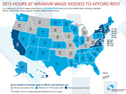 Color-coded US map showing hours at minimum wage needed to afford a one-bedroom rental unit at Fair Market Rent in 2015, by state.