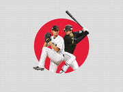 Editorial illustration showing two Japanese baseball players, a pitcher and a batter, against a red circle resembling the Japanese flag on a gray grid background.