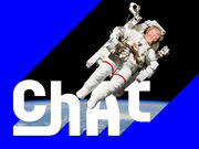 Editorial illustration showing a photoshopped astronaut in a NASA spacesuit with Trump's face floating in space above Earth, with the word Chat overlaid in large white text.