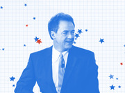 Blue-tinted editorial illustration of a smiling man in a suit against a grid background scattered with red and blue stars.