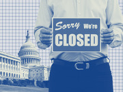 Blue-tinted editorial illustration of a person holding a Sorry We're Closed sign in front of the US Capitol building on a grid background.