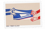 Illustrated postage stamp design showing blue and red hands pulling at a striped object, labeled USA First-Class.
