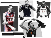 Editorial collage illustration of four college basketball players in jerseys for Florida Atlantic, UConn, San Diego State, and Miami celebrating.