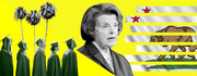 Editorial collage illustration featuring a woman in black and white, graduates in caps and gowns, palm trees, and the California state flag on a yellow grid background.