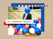 Editorial collage illustration for The Primaries Project featuring a suited figure with a blue balloon obscuring their face surrounded by red, white, and blue balloons.