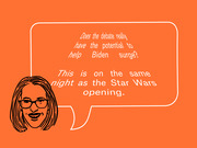Illustrated editorial graphic showing a cartoon woman with a speech bubble questioning whether a debate can help Biden surge, noting it is on the same night as the Star Wars opening.