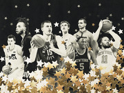Editorial collage illustration of multiple NBA basketball players in black and white surrounded by gold and white stars on a dark background.