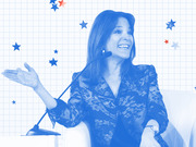 Blue-tinted editorial illustration of a woman speaking at a microphone, set against a grid background with red and blue stars.