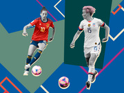 Editorial illustration showing two women's soccer players, one in Spain's red kit number 10 and one in USA's white kit number 15, against a colorful geometric background.
