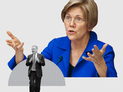 Editorial illustration showing a large color image of Elizabeth Warren in a blue jacket alongside a smaller grayscale figure of Tim Kaine, with a semicircle grid shape in the background.