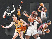 Editorial collage illustration of women's college basketball players including Caitlin Clark (Iowa #22) and South Carolina #4 players in action poses on a dark background.