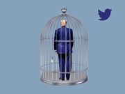 Editorial illustration showing a figure in a blue suit locked inside a birdcage with a Twitter bird logo in the upper right corner.