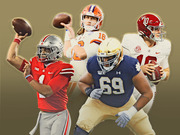 Editorial illustration of four college football players in uniform from Ohio State, Clemson, Notre Dame, and Alabama posed against a gold background.