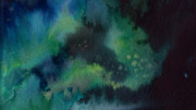 Abstract watercolor painting with swirling blue, green, and dark tones suggesting a night sky or underwater scene.