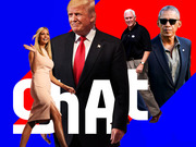 Editorial collage featuring political figures including Donald Trump, Ivanka Trump, Mike Pence, and Barack Obama on a red and blue background with the word CHAT.