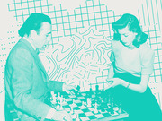 Teal-tinted vintage photo of a man and woman playing chess, overlaid with decorative grid and topographic line patterns as editorial art.