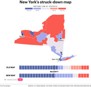 Map of New York's struck-down congressional district map showing partisan lean by district, with old and new map seat comparisons below.