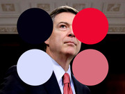 Editorial photo illustration of a man in a suit with four colored circles overlaid, in navy, red, light lavender, and muted pink.
