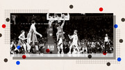Stylized black-and-white editorial photo of an NBA basketball game with decorative colored dots and grid overlay, showing player number 39 dunking.