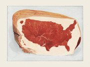 Editorial illustration of a cut of beef with the shape of the contiguous United States visible in the red meat against white fat.