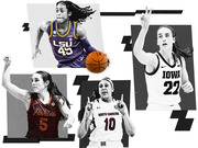 Editorial collage illustration of four women's college basketball players in LSU, Iowa, Virginia Tech Hokies, and South Carolina uniforms.