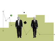 Editorial collage illustration showing black-and-white cutouts of Donald Trump and Joe Biden standing against an olive-green stepped background with abstract line chart and geometric shapes.