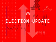 FiveThirtyEight Election Update branded graphic featuring bold red background with arrows, line charts, hexagons, and data visualization elements as decorative design.