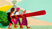 Colorful editorial illustration of three women in traditional clothing carrying a large red log together, with a volcano and tropical landscape in the background.