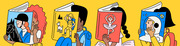Colorful editorial illustration of four children reading books with covers depicting a horse story, adventure, ballet, and space themes on a yellow background.