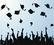 Silhouette illustration of graduates throwing their mortarboard caps into the air against a light blue gradient background.