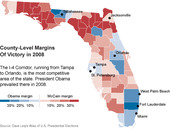 Choropleth map of Florida showing county-level margins of victory in the 2008 presidential election, with blue for Obama and red for McCain.