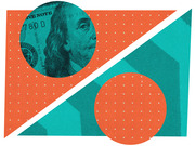 Editorial illustration featuring a close-up of Benjamin Franklin on a $100 bill in a circle, set against an orange and teal geometric background with dots.