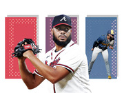 Editorial collage of two MLB baseball players, an Atlanta Braves pitcher in the foreground and a Milwaukee Brewers fielder in the background, set against colorful dotted panels.