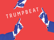 Editorial illustration for FiveThirtyEight's Trumpbeat series featuring stylized blue and white hands pointing on a red background with the word TRUMPBEAT.
