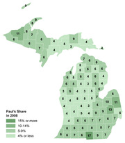Choropleth map of Michigan counties showing Ron Paul's vote share in the 2008 primary, with counties shaded by four categories from 4% or less to 15% or more.