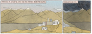 Two-panel comic illustration showing a mountain village on the morning of August 5, 2010 under clear skies, then dark storm clouds rolling in around 6:30 p.m.