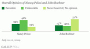 Grouped bar chart showing favorable, unfavorable, and no opinion ratings for Nancy Pelosi and John Boehner from a July 2009 Gallup Poll.