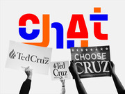 Editorial illustration showing hands holding Ted Cruz 2016 campaign signs beneath a large colorful Chat logo graphic.