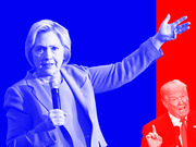 Editorial illustration showing Hillary Clinton in blue and Donald Trump in red, representing the 2016 US presidential candidates against their respective party colors.